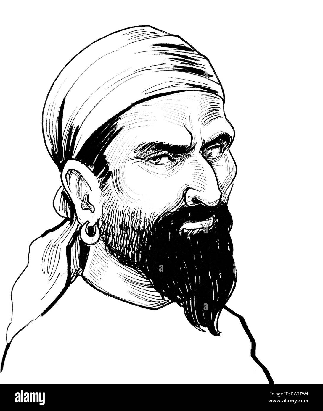 Pirate with a black beard. Ink black and white drawing Stock Photo - Alamy