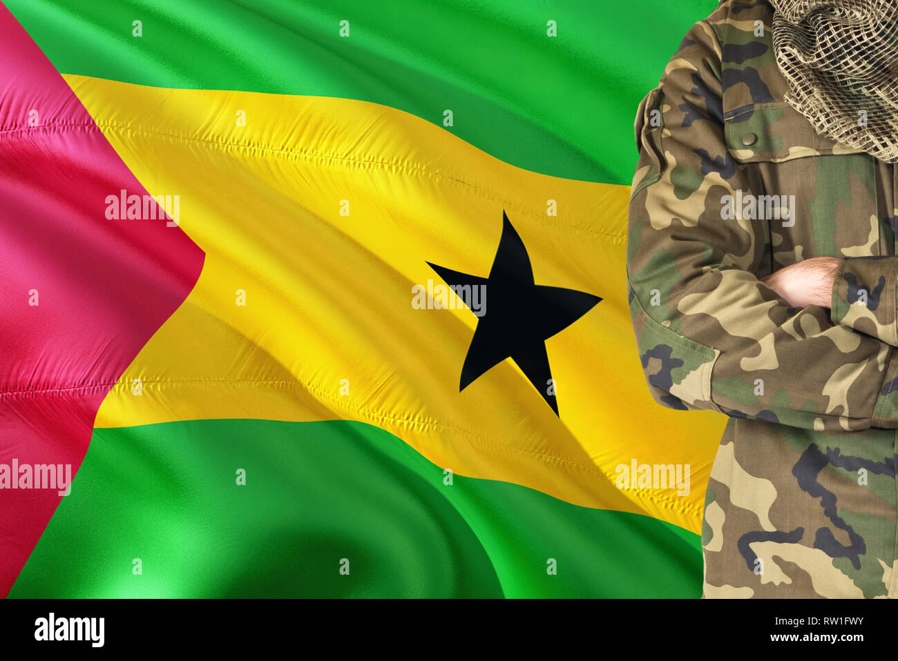 Crossed arms soldier with national waving flag on background - Sao Tome And Principe  Military theme Stock Photo - Alamy