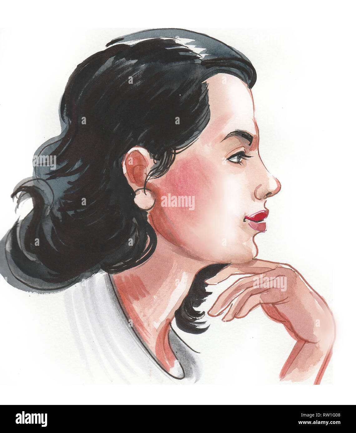 Beautiful woman. Ink and watercolor drawing Stock Photo Alamy