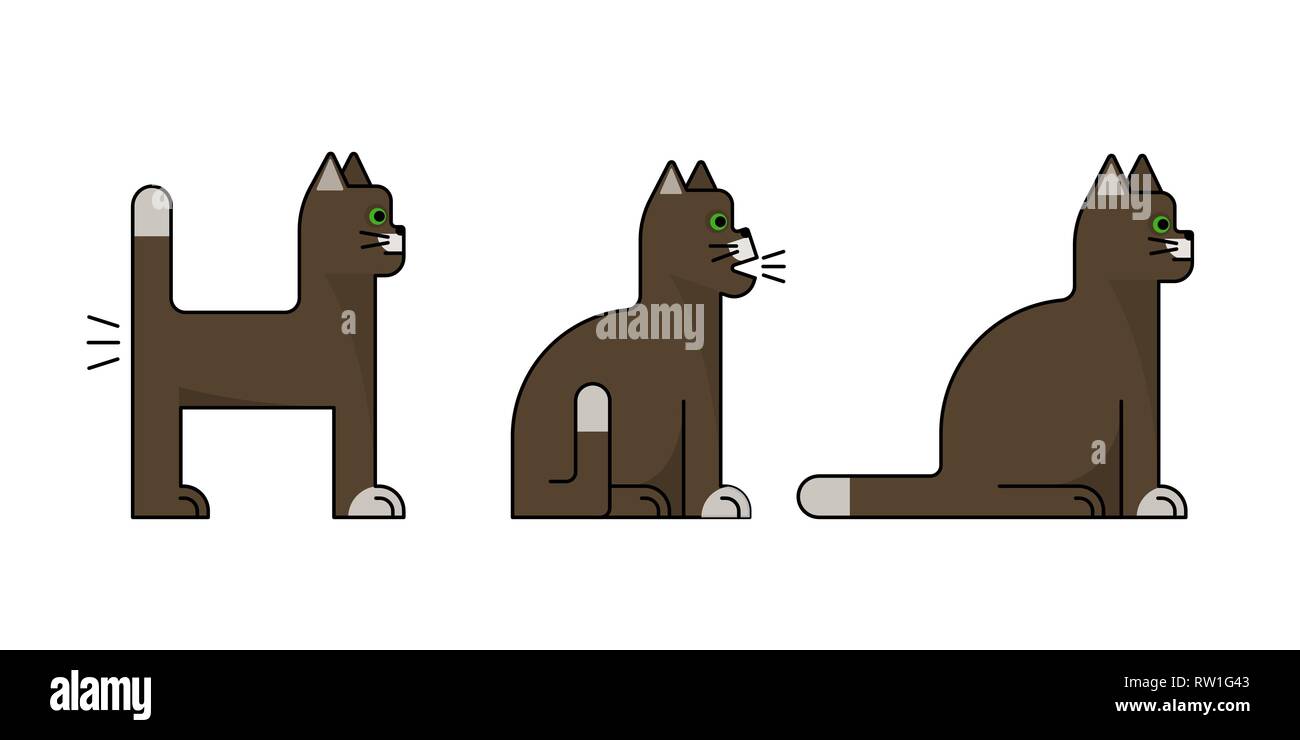 Brown cats. Collection of flat icons. Sitting, standing, farting Vector illustration Stock Vector