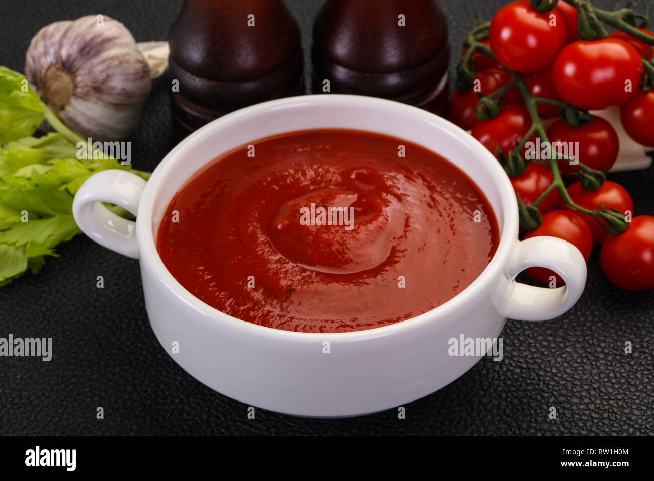 Mediterranean Tomato soup with basil and spices Stock Photo Alamy