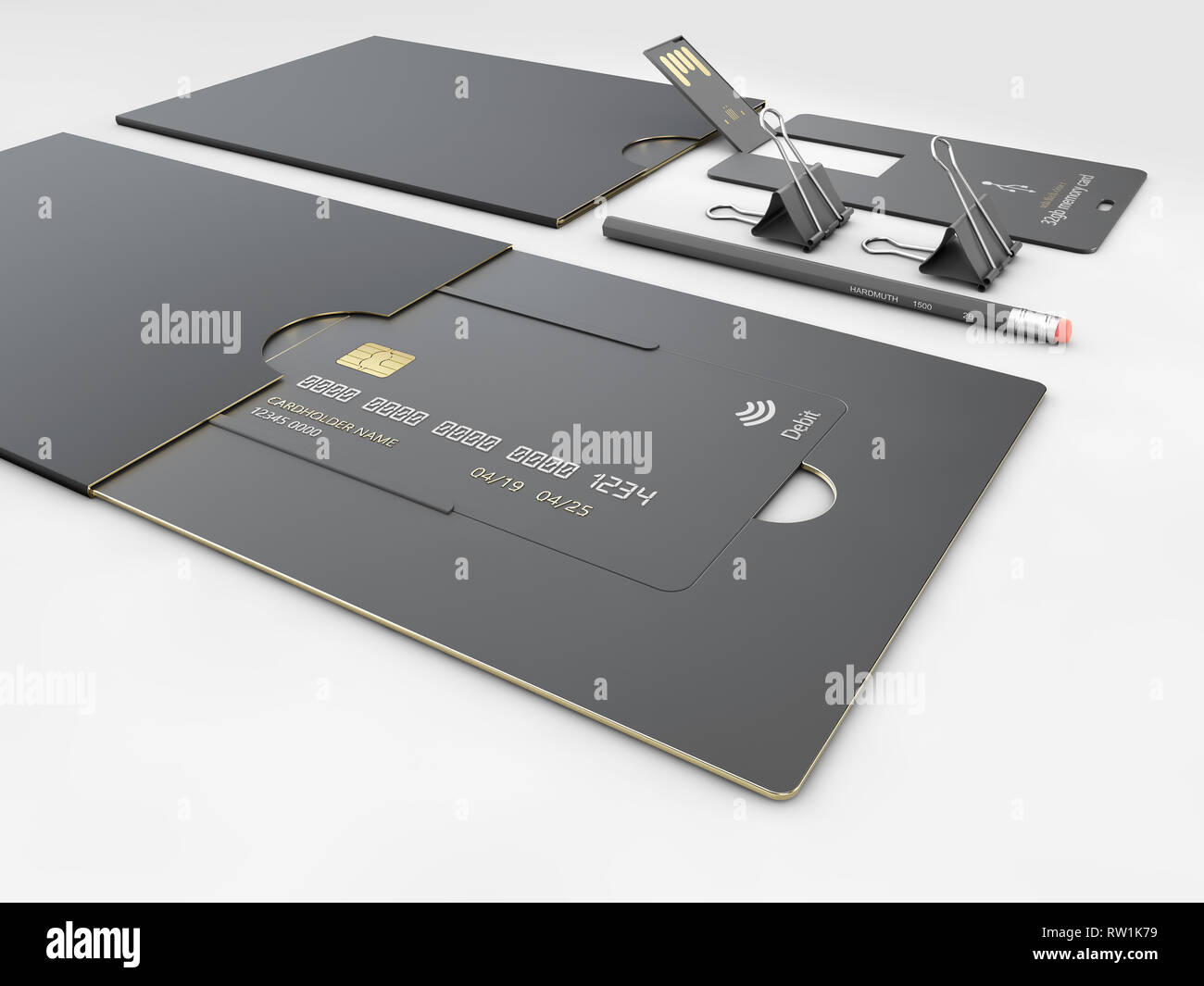 USB flash card empty template for corporate identity on isolated gray. Stock Photo