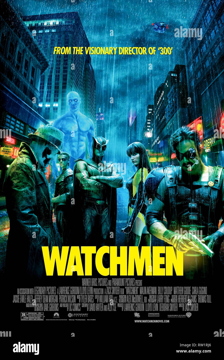 Watchmen (2009) directed by Zack Snyder and starring Jackie Earle Haley, Patrick Wilson, Carla Gugino and Jeffrey Dean Morgan. Impressive film adaptation of the British comic book series. US one sheet poster ***EDITORIAL USE ONLY*** Credit: BFA / Warner Bros Stock Photo