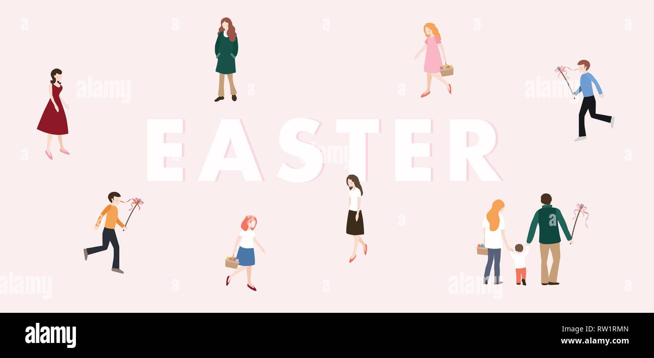 Modern Easter web banner. Boys with whip chasing the girls with colorful Easter eggs. Family, people walking. European Czech and Slovak tradition Stock Vector