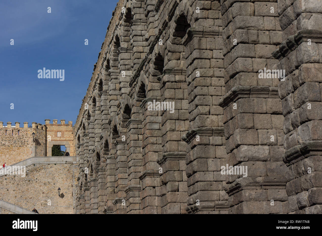Detail of the Aqueduct of Segovia and the unmortared granite stone work Stock Photo