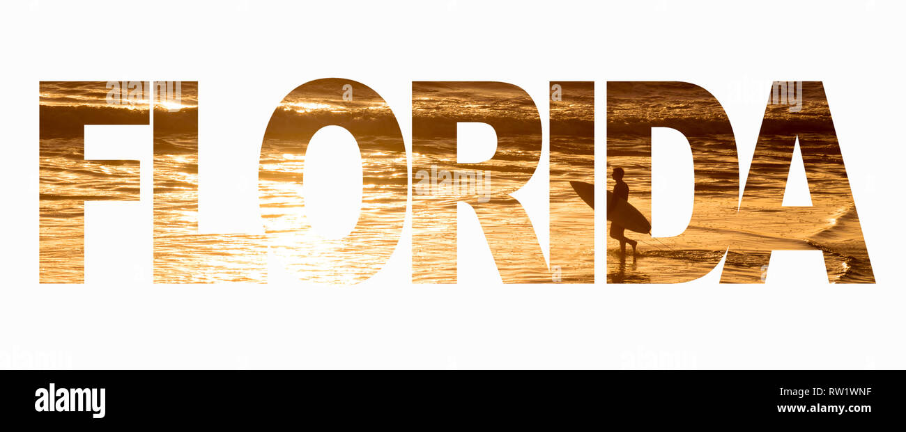 Word Florida with a surfer and the ocean at sunset on white background Stock Photo