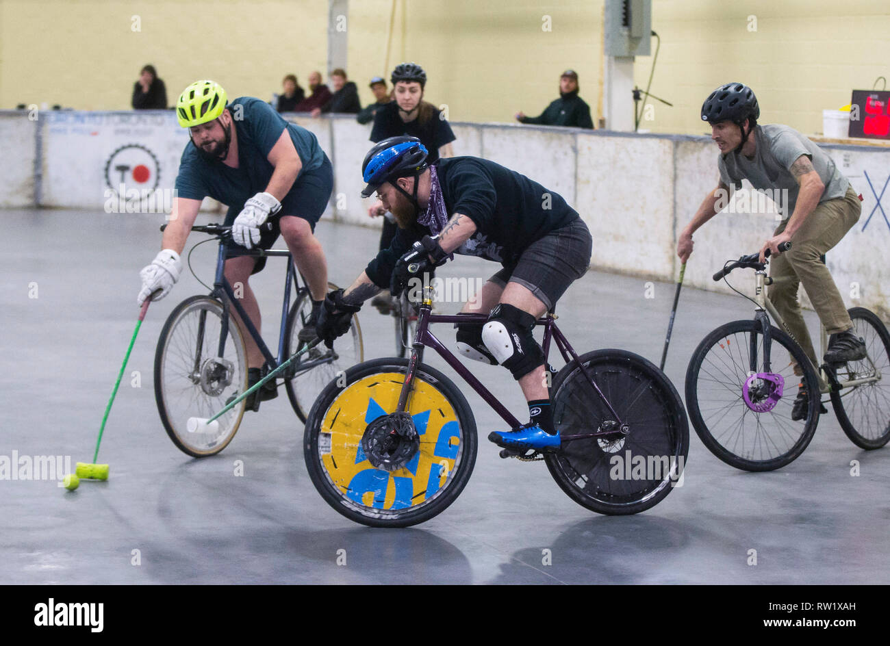 Toronto, Canada. 3rd Mar, 2019. Participants compete during the Great Lakes Winter Classic Bike Polo Tournament in Toronto, Canada, March 3, 2019. Bike Polo is a team sport combining the bicycle rider's skills with the fast-paced action of hockey. Credit: Zou Zheng/Xinhua/Alamy Live News Stock Photo