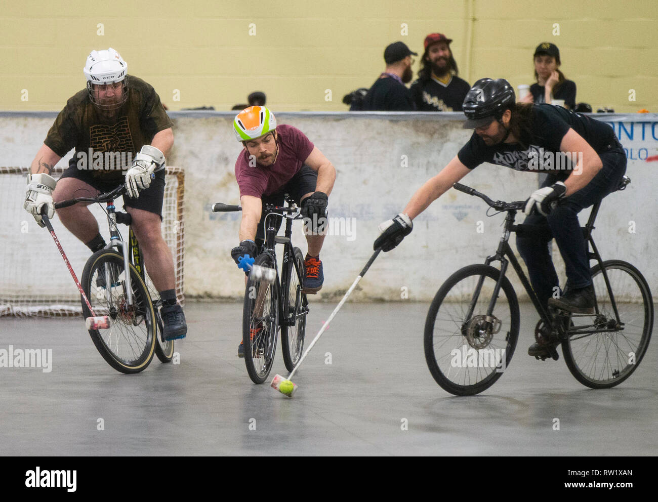 Toronto, Canada. 3rd Mar, 2019. Participants compete during the Great Lakes Winter Classic Bike Polo Tournament in Toronto, Canada, March 3, 2019. Bike Polo is a team sport combining the bicycle rider's skills with the fast-paced action of hockey. Credit: Zou Zheng/Xinhua/Alamy Live News Stock Photo