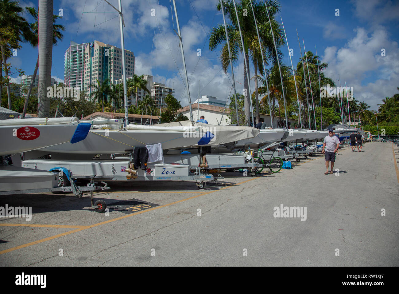 Star Class Racing Yachts lined up at the Coral Reef Yacht Club, Bacardi Cup Invitational Regatta 2019 Stock Photo