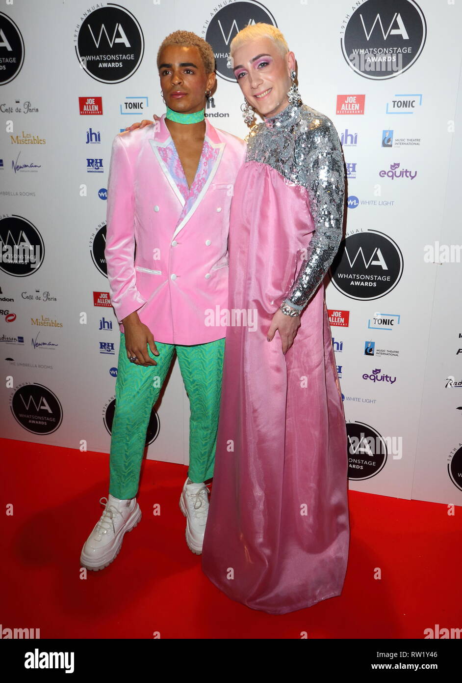 Layton Williams and Jamie Campbell at the Whatsonstage Awards 2019 at the Prince of Wales Theatre. Stock Photo