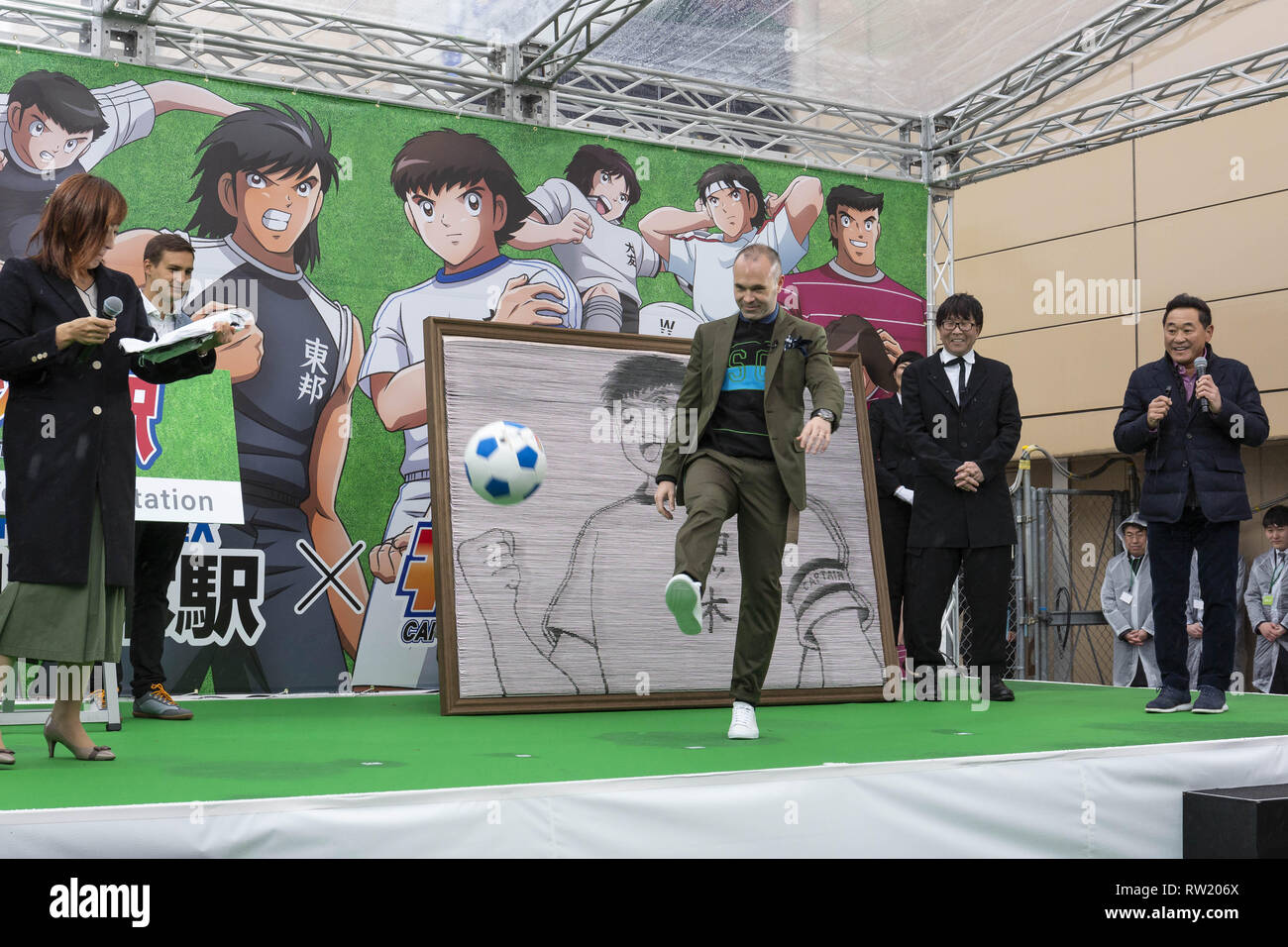 Tokyo, Japan. 4th Mar, 2019. Barcelona legend playmaker Andres Iniesta kicks a ball during an opening ceremony for the Yotsugi Station and Captain Tsubasa project. Iniesta was named Official Collaborator for the Yotsugi Station and Captain Tsubasa project, which aims to promote the tourism in the ward of Katsushika, the hometown of Yoichi Takahashi author of the Captain Tsubasa manga. Iniesta who is playing for the Japanese football club Vissel Kobe also visited the Yotsugi Station to see Captain Tsubasa manga characters decorating the interior of the train station. (Credit Image: © Rodrigo Stock Photo