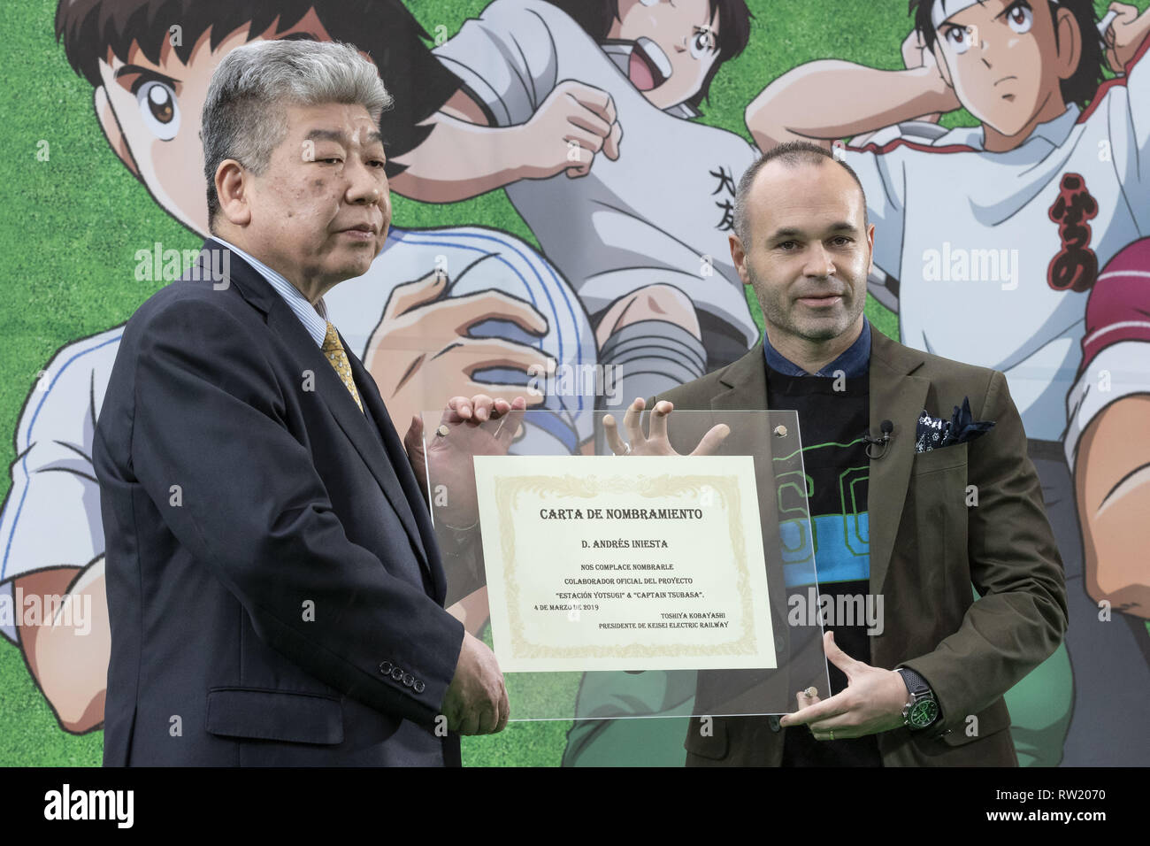 Tokyo, Japan. 4th Mar, 2019. Barcelona legend playmaker Andres Iniesta receives an Official Collaborator title during an opening ceremony for the Yotsugi Station and Captain Tsubasa project. Iniesta was named Official Collaborator for the Yotsugi Station and Captain Tsubasa project, which aims to promote the tourism in the ward of Katsushika, the hometown of Yoichi Takahashi author of the Captain Tsubasa manga. Iniesta who is playing for the Japanese football club Vissel Kobe also visited the Yotsugi Station to see Captain Tsubasa manga characters decorating the interior of the train station Stock Photo