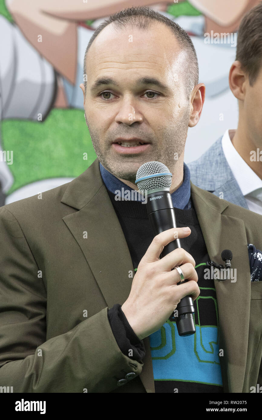 Tokyo, Japan. 4th Mar, 2019. Barcelona legend playmaker Andres Iniesta speaks during an opening ceremony for the Yotsugi Station and Captain Tsubasa project. Iniesta was named Official Collaborator for the Yotsugi Station and Captain Tsubasa project, which aims to promote the tourism in the ward of Katsushika, the hometown of Yoichi Takahashi author of the Captain Tsubasa manga. Iniesta who is playing for the Japanese football club Vissel Kobe also visited the Yotsugi Station to see Captain Tsubasa manga characters decorating the interior of the train station. (Credit Image: © Rodrigo Reyes Stock Photo