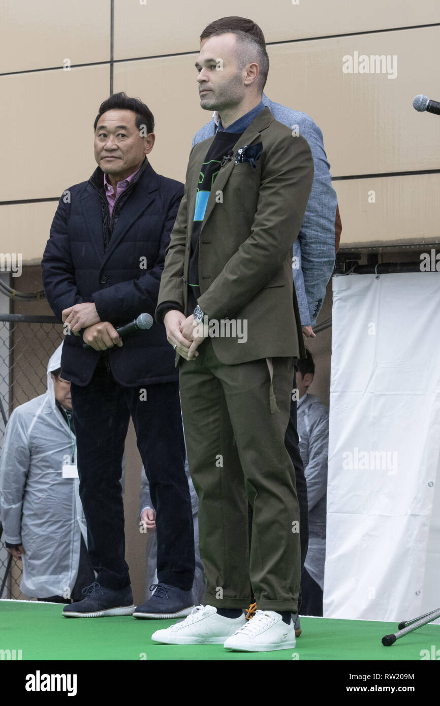 Tokyo, Japan. 4th Mar, 2019. Barcelona legend playmaker Andres Iniesta attends an opening ceremony for the Yotsugi Station and Captain Tsubasa project. Iniesta was named Official Collaborator for the Yotsugi Station and Captain Tsubasa project, which aims to promote the tourism in the ward of Katsushika, the hometown of Yoichi Takahashi author of the Captain Tsubasa manga. Iniesta who is playing for the Japanese football club Vissel Kobe also visited the Yotsugi Station to see Captain Tsubasa manga characters decorating the interior of the train station. (Credit Image: © Rodrigo Reyes Marin/ Stock Photo