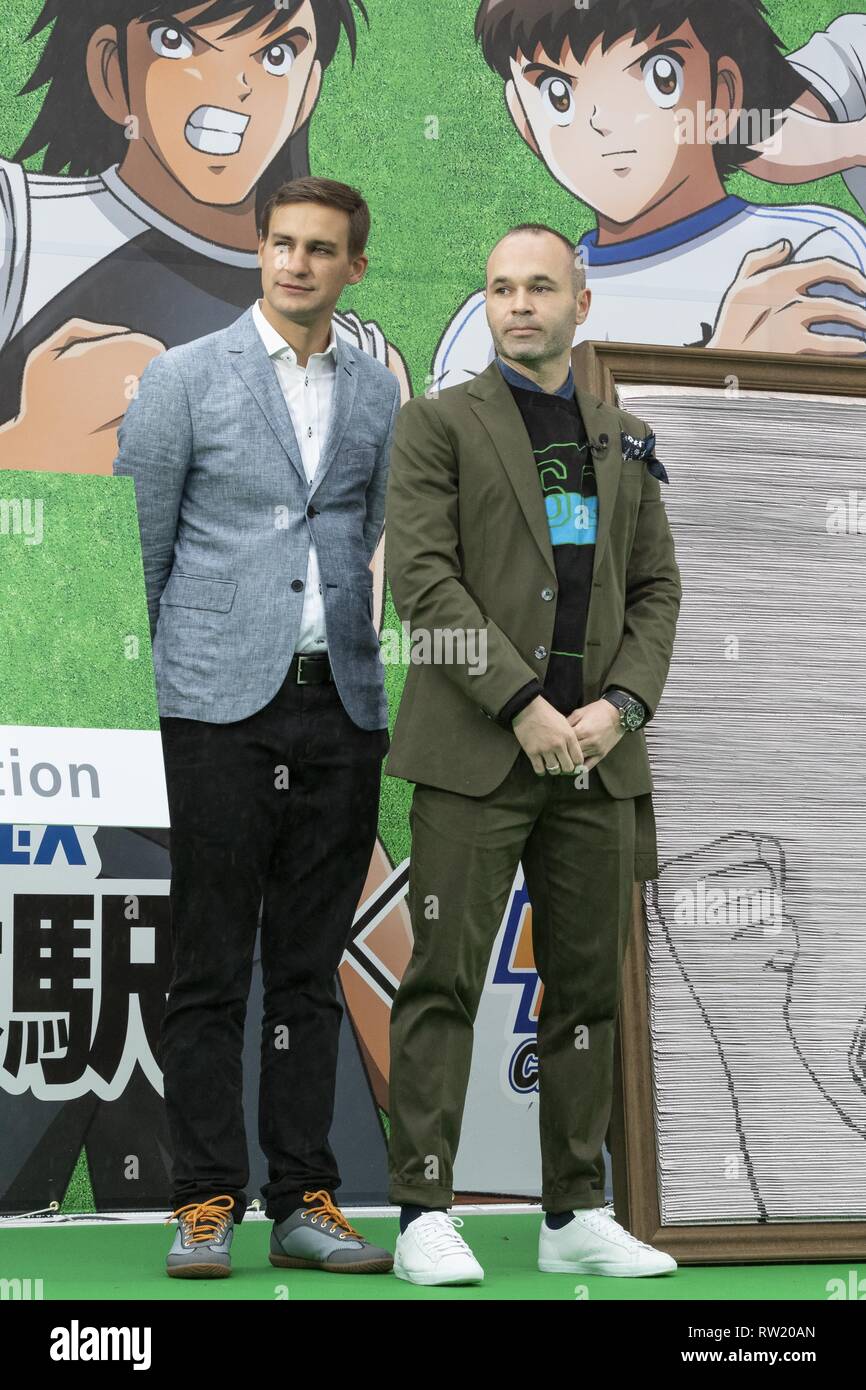Tokyo, Japan. 4th Mar, 2019. Barcelona legend playmaker Andres Iniesta (R) attends an opening ceremony for the Yotsugi Station and Captain Tsubasa project. Iniesta was named Official Collaborator for the Yotsugi Station and Captain Tsubasa project, which aims to promote the tourism in the ward of Katsushika, the hometown of Yoichi Takahashi author of the Captain Tsubasa manga. Iniesta who is playing for the Japanese football club Vissel Kobe also visited the Yotsugi Station to see Captain Tsubasa manga characters decorating the interior of the train station. (Credit Image: © Rodrigo Reyes Ma Stock Photo