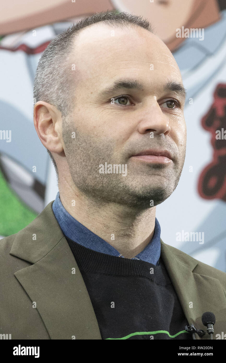 Tokyo, Japan. 4th Mar, 2019. Barcelona legend playmaker Andres Iniesta attends an opening ceremony for the Yotsugi Station and Captain Tsubasa project. Iniesta was named Official Collaborator for the Yotsugi Station and Captain Tsubasa project, which aims to promote the tourism in the ward of Katsushika, the hometown of Yoichi Takahashi author of the Captain Tsubasa manga. Iniesta who is playing for the Japanese football club Vissel Kobe also visited the Yotsugi Station to see Captain Tsubasa manga characters decorating the interior of the train station. (Credit Image: © Rodrigo Reyes Marin/ Stock Photo