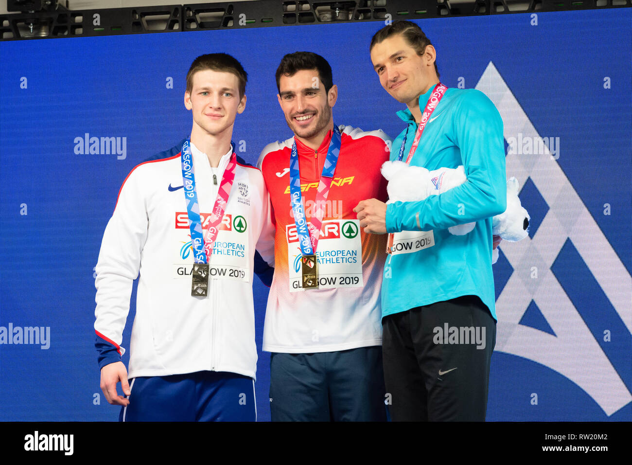 Glasgow, Scotland, UK. 3rd March, 2019. Tim Duckworth (GBR, silver), Jorge Urena (ESP, gold) at the Victory Ceremony during European Athletics Indoor Championships Glasgow 2019 at Emirates Arena on Sunday, 03 March 2019. GLASGOW SCOTLAND.  (Editorial use only, license required for commercial use. No use in betting, games or a single club/league/player publications.) Credit: Taka G Wu/Alamy News Stock Photo