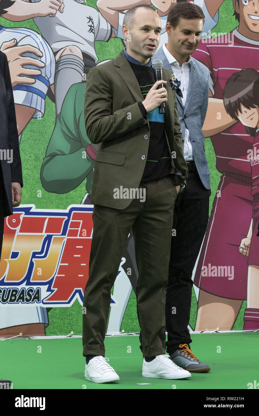 March 4, 2019 - Tokyo, Japan - Barcelona legend playmaker Andres Iniesta speaks during an opening ceremony for the Yotsugi Station and Captain Tsubasa project. Iniesta was named Official Collaborator for the Yotsugi Station and Captain Tsubasa project, which aims to promote the tourism in the ward of Katsushika, the hometown of Yoichi Takahashi author of the Captain Tsubasa manga. Iniesta who is playing for the Japanese football club Vissel Kobe also visited the Yotsugi Station to see Captain Tsubasa manga characters decorating the interior of the train station. (Credit Image: © Rodrigo Reyes  Stock Photo