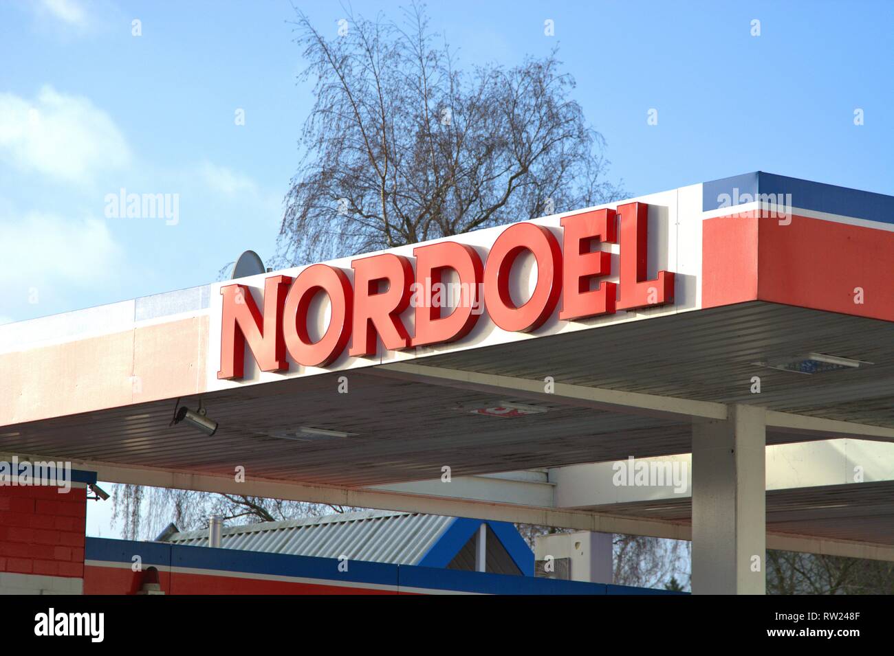 Schleswig, Deutschland. 01st Jan, 2019. The NORDOEL logo at a gas