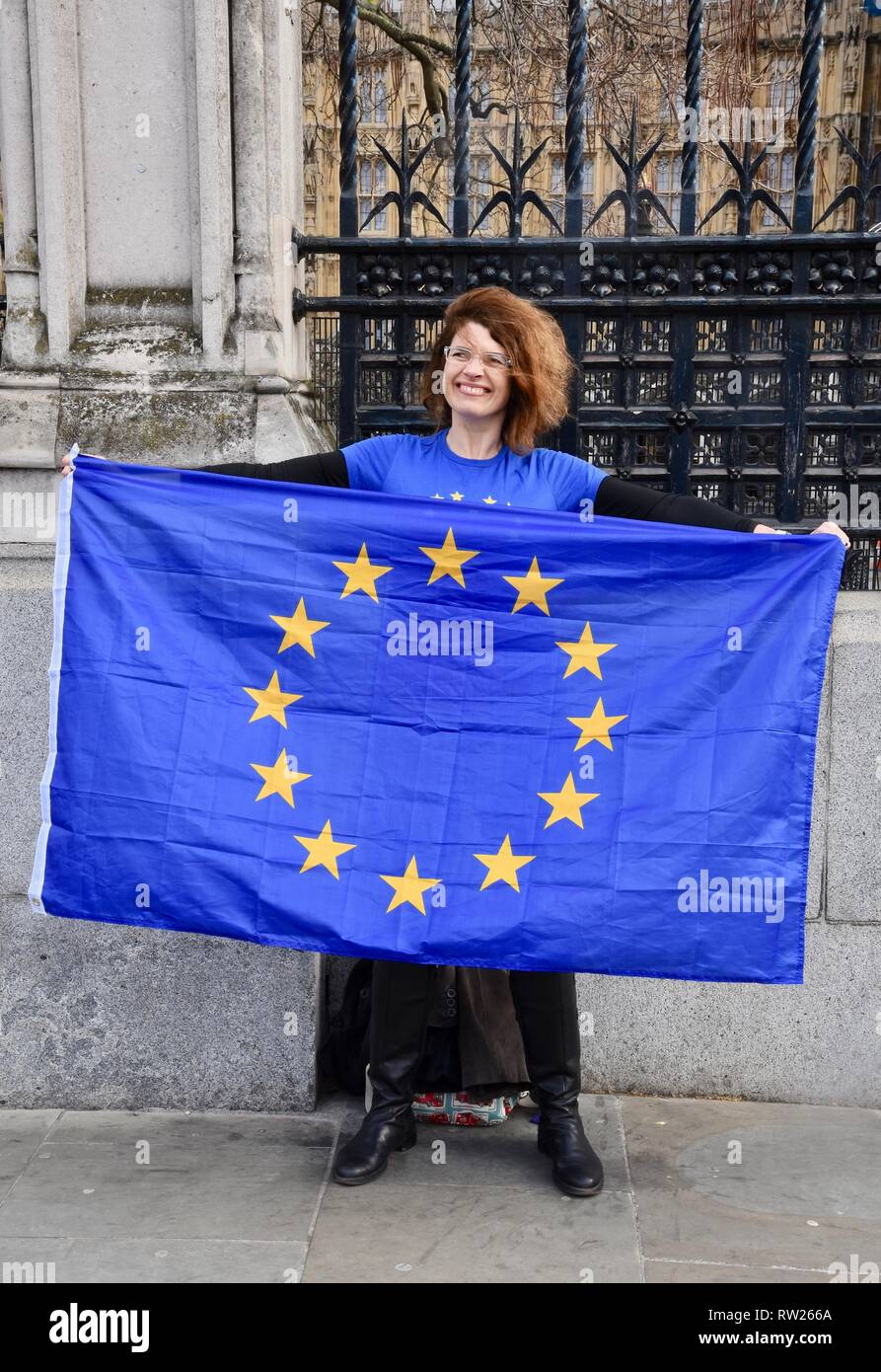 4th Mar 2019. A solitary protester holding an EU flag demonstrates against Brexit and in favour of the European Union.Houses of Parliament,Westminster,London.UK Credit: michael melia/Alamy Live News Stock Photo