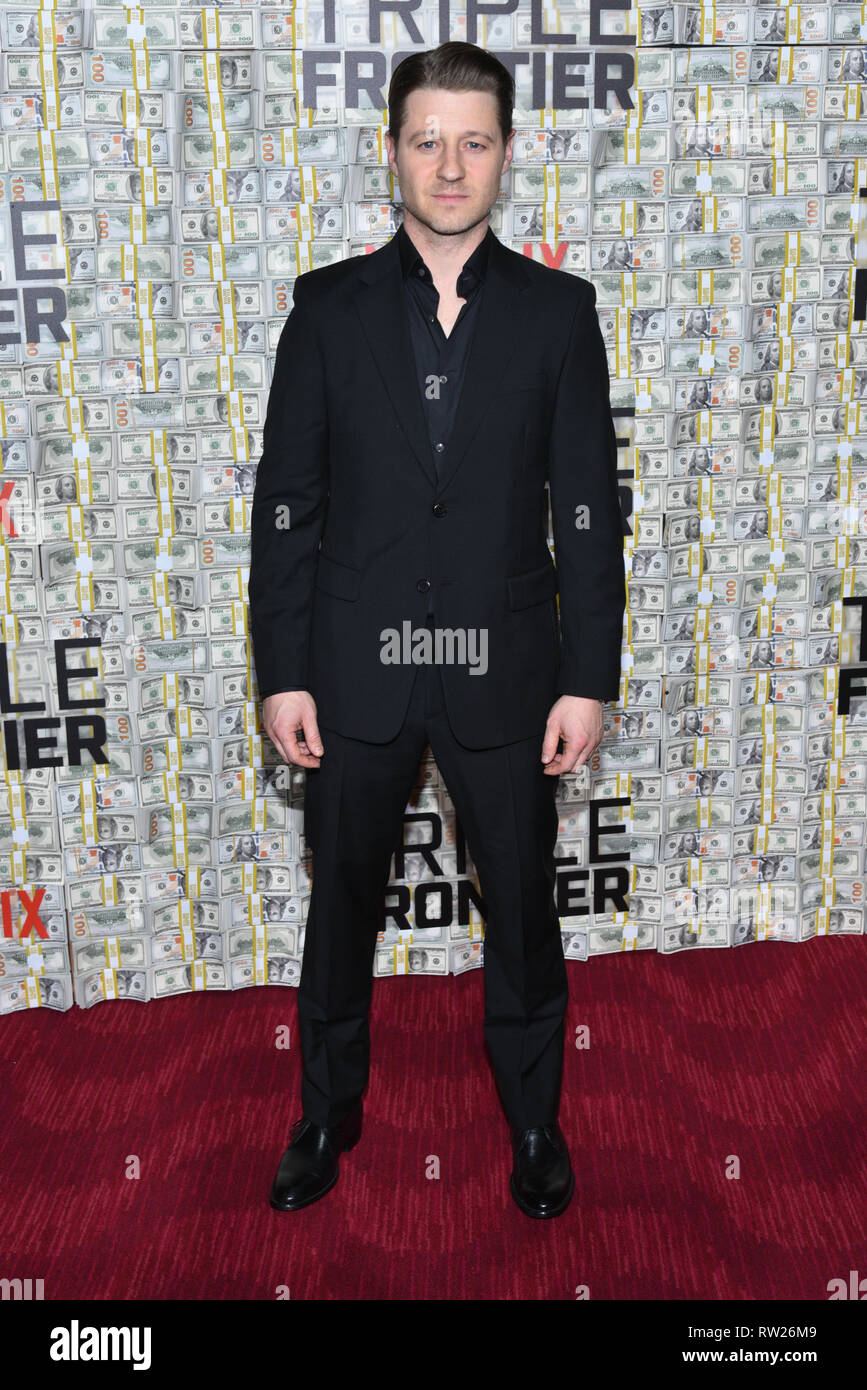 New York, USA. 3rd Mar 2019. Benjamin McKenzie attends the 'Triple Frontier' World Premiere at Jazz at Lincoln Center on March 03, 2019 in New York City. Credit: Erik Pendzich/Alamy Live News Stock Photo