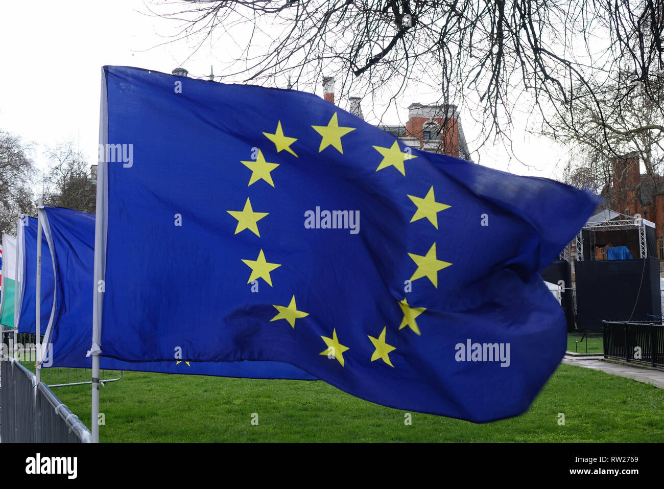 London, UK. 4th Mar 2019. European Union flag opposite Palace Of Westminster in London. Credit: Thomas Krych/Alamy Live News Stock Photo