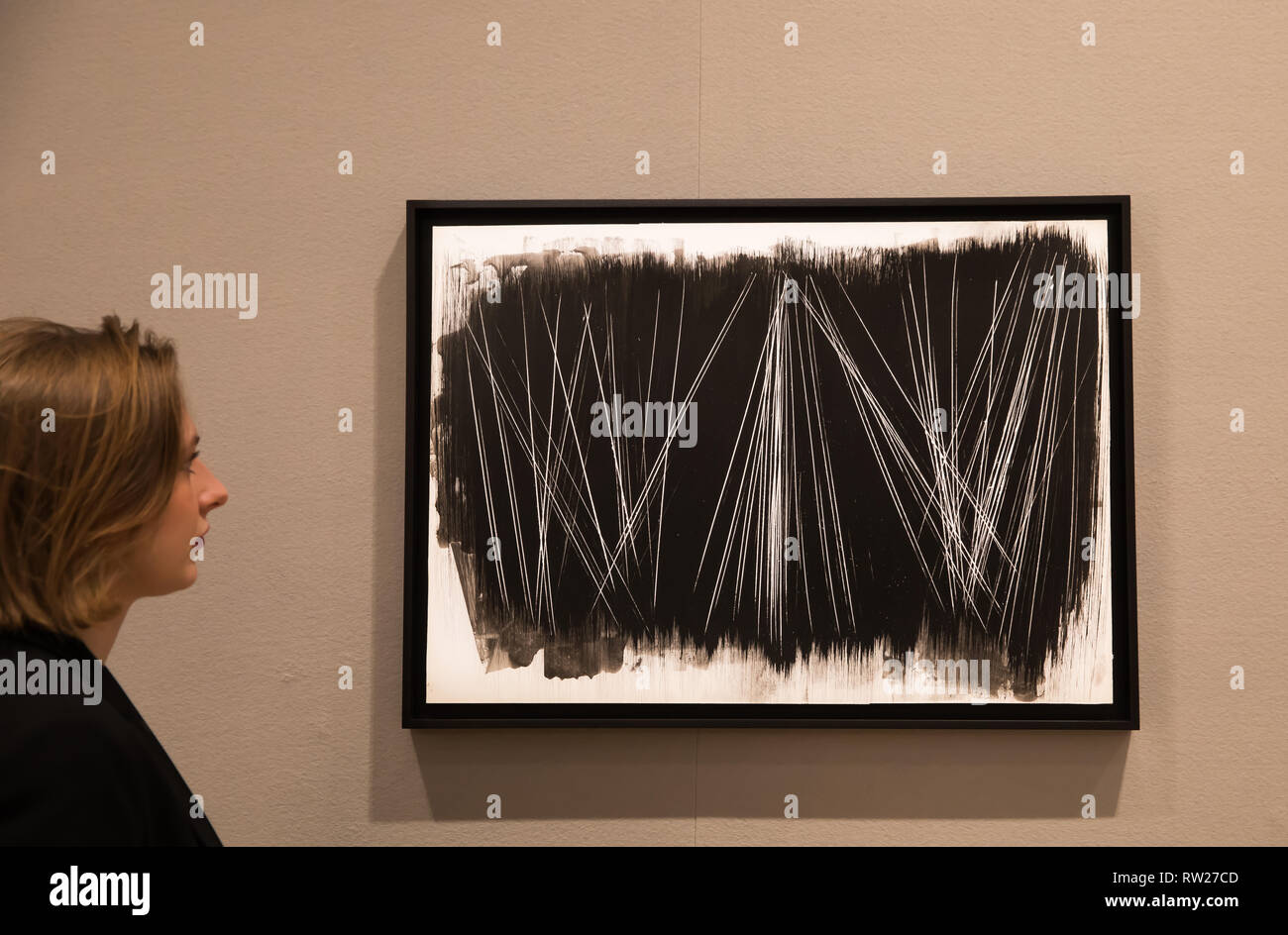 London, UK. 4th Mar 2019. Bonhams photocall for the Post-War and Contemporary Art Sale took place in New Bond Street,London. On display: Hans Hartung(German, 1904-1989)P 1967-71 1967. Estimated at £ 18,000 - 25,000. The sale takes place on the 6th March at 5pm. Credit: Keith Larby/Alamy Live News Stock Photo