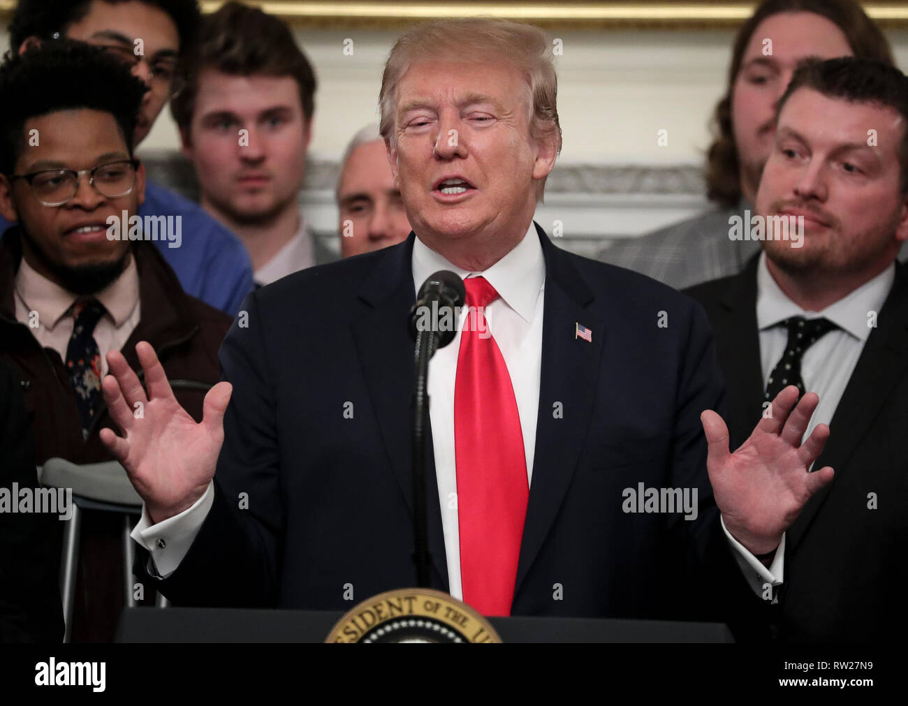Washington, DC. 4th Mar, 2019. United States President Donald J. Trump, speaks as he welcomes the 2018 Division I FCS National Champions: The North Dakota State Bison in the Diplomatic Room of the White House on March 4, 2019 in Washington, DC. Credit: Oliver Contreras/Pool via CNP | usage worldwide Credit: dpa/Alamy Live News Stock Photo