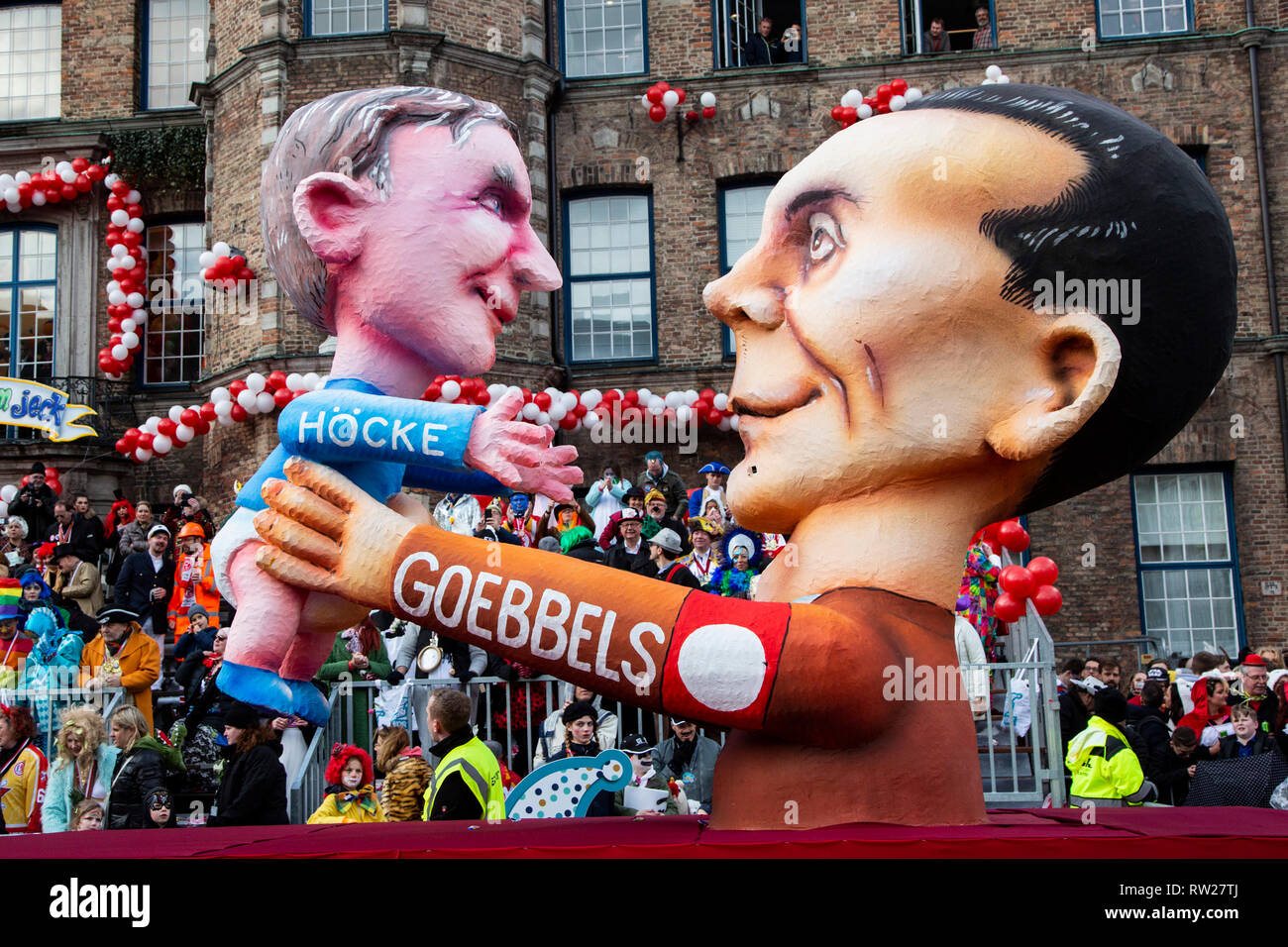 Düsseldorf, Germany. 4th March 2019. The annual Rosenmontag (Rose Monday or Shrove Monday) carnival parade takes place in Düsseldorf. Carnival float designed by Jacques Tilly depicting right-wing politican Björn Höcke as son of Josef Goebbels.. Photo: Vibrant Pictures/Alamy Live News Stock Photo