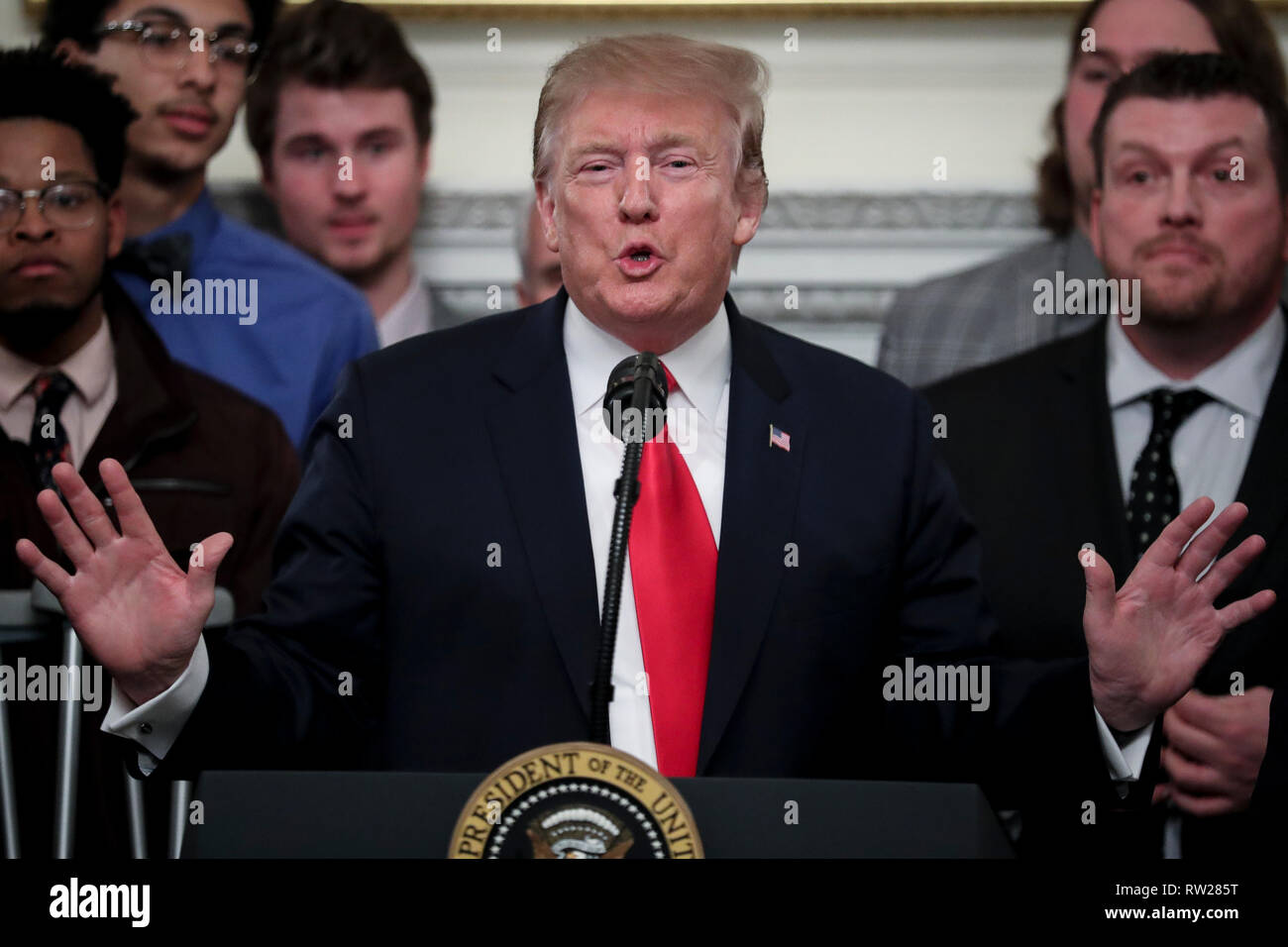 United States President Donald J. Trump speaks as he welcomes the 2018 Division I FCS National Champions: The North Dakota State Bison in the State Dining Room of the White House on March 4, 2019 in Washington, DC.  Credit: Oliver Contreras / Pool via CNP /MediaPunch Stock Photo
