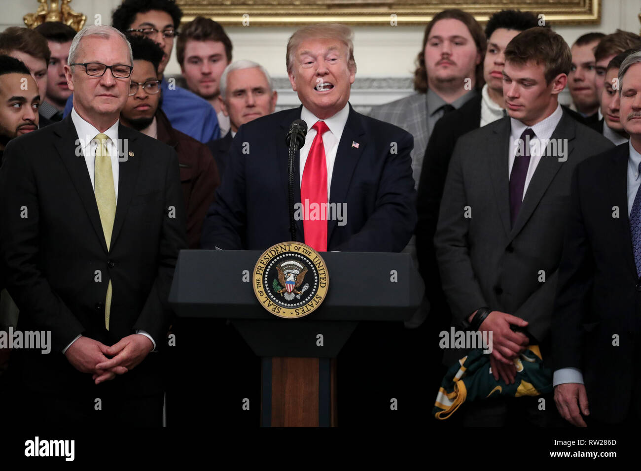 United States President Donald J. Trump participates in a photo opportunity with the 2018 Division I FCS National Champions: The North Dakota State Bison in the State Dining Room of the White House on March 4, 2019 in Washington, DC. Credit: Oliver Contreras / Pool via CNP | usage worldwide Stock Photo