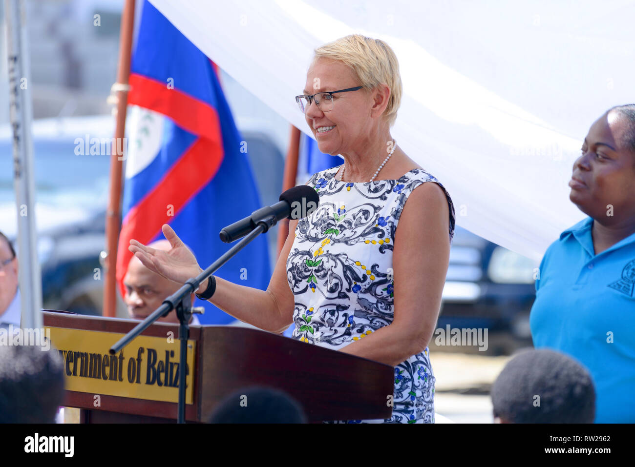 Hopkins Village, Stann Creek District, Belize. 4th Mar 2019. Ambassador Malgorzata Wasilewska, European Union Delegate to Belize, addresses the audience at the Inauguration of the Hopkins main road, a joint initiative with, The EU, Belize Government and Banana Accompanying Measures. Credit: Roi Brooks/Alamy Live News Stock Photo