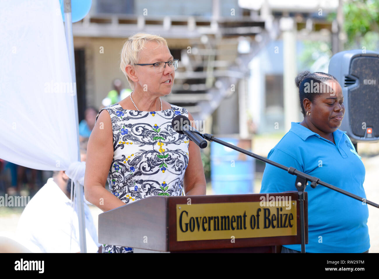 Hopkins Village, Stann Creek District, Belize. 4th Mar 2019.Ambassador Malgorzata Wasilewska, European Union Delegate to Belize, addresses the audience at the Inauguration of the Hopkins main road, a joint initiative with, The EU, Belize Government and Banana Accompanying Measures. Credit: Roi Brooks/Alamy Live News Stock Photo