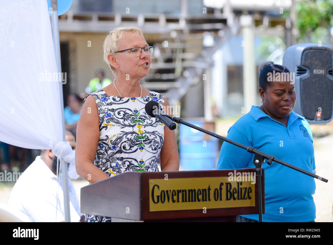Hopkins Village, Stann Creek District, Belize - March 04, 2019: Ambassador Malgorzata Wasilewska, European Union Delegate to Belize, addresses the audience at the Inauguration of the Hopkins main road, a joint initiative with, The EU, Belize Government and Banana Accompanying Measures. Stock Photo