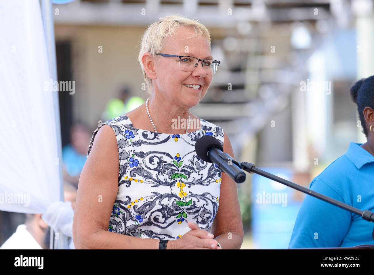 Hopkins Village, Stann Creek District, Belize - March 04, 2019: Ambassador Malgorzata Wasilewska, European Union Delegate to Belize, addresses the audience at the Inauguration of the Hopkins main road, a joint initiative with, The EU, Belize Government and Banana Accompanying Measures. Stock Photo