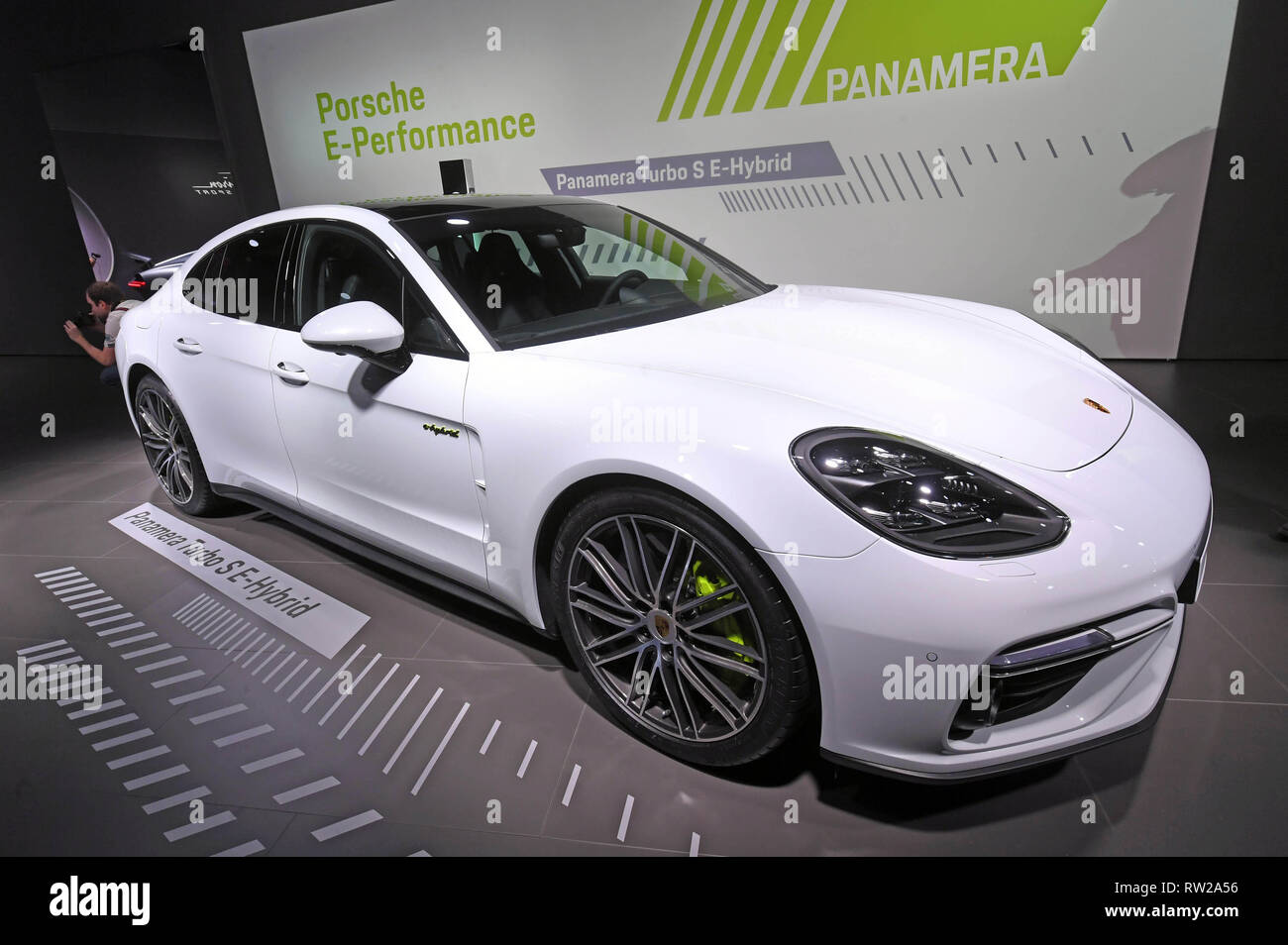 Genf, Switzerland. 04th Mar, 2019. The Porsche Panamera Turbo SE Hybrid  will be presented at the Volkswagen (VW) Group evening in the run-up to the  Geneva Motor Show. Credit: Uli Deck/dpa/Alamy Live