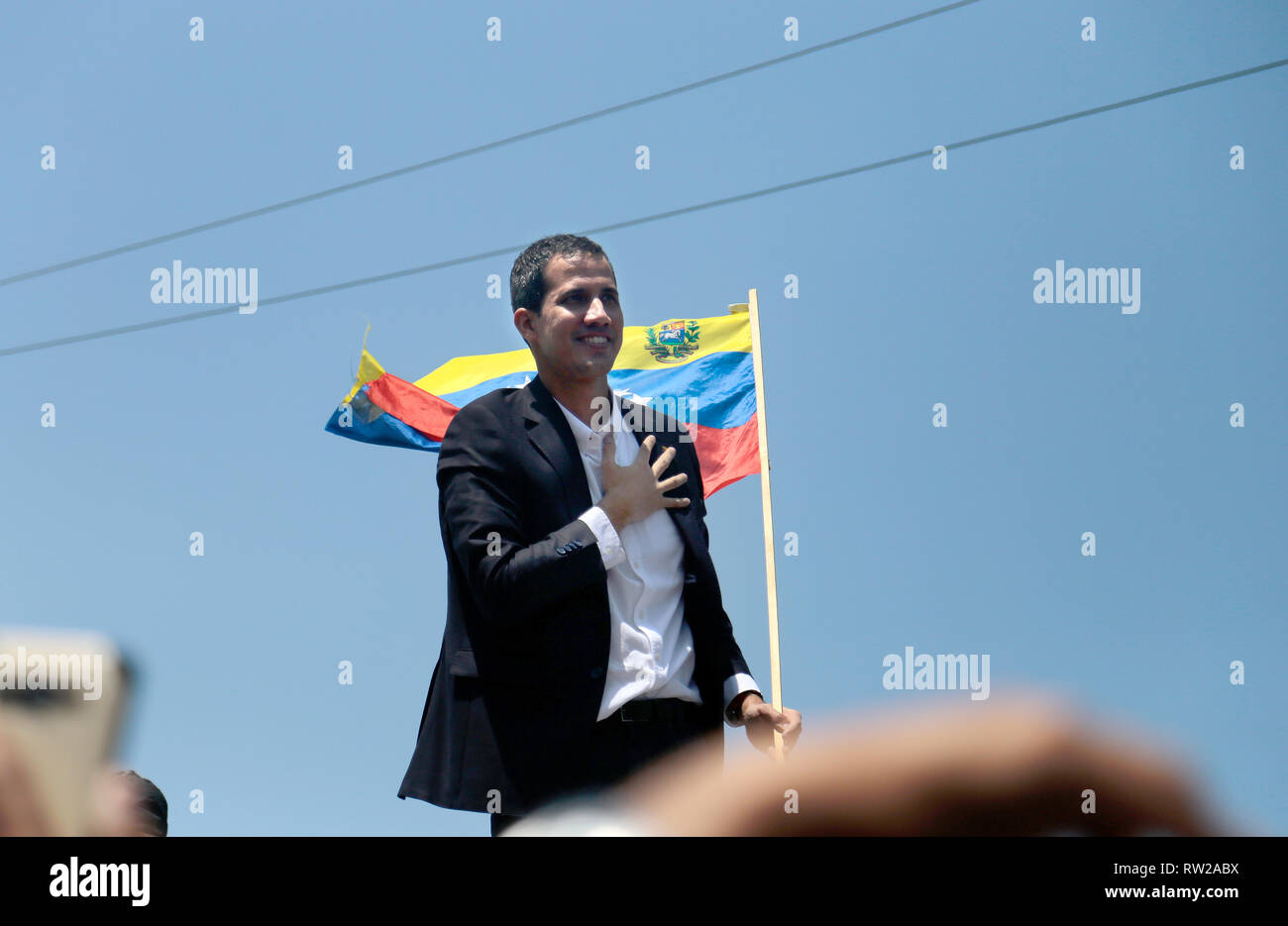 Caracas, Venezuela. 04th Mar, 2019. 04 March 2019, Venezuela, Maiquetía: Juan Guaido, self-appointed interim president of Venezuela, after his arrival at the International Airport Simon Bolivar. Guaido has returned to Venezuela after about one and a half weeks. Photo: Rafael Hernandez/dpa Credit: dpa picture alliance/Alamy Live News Stock Photo