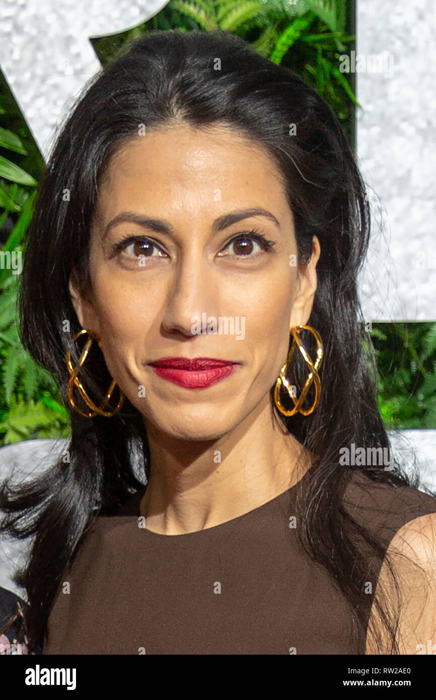 New York, New York, USA. 3rd March, 2019. Huma Abedon attends the world premiere of Netflix’s “Triple Frontier” at Jazz at Lincoln Center in New York City on March 3, 2019. Credit: Jeremy Burke/Alamy Live News Stock Photo
