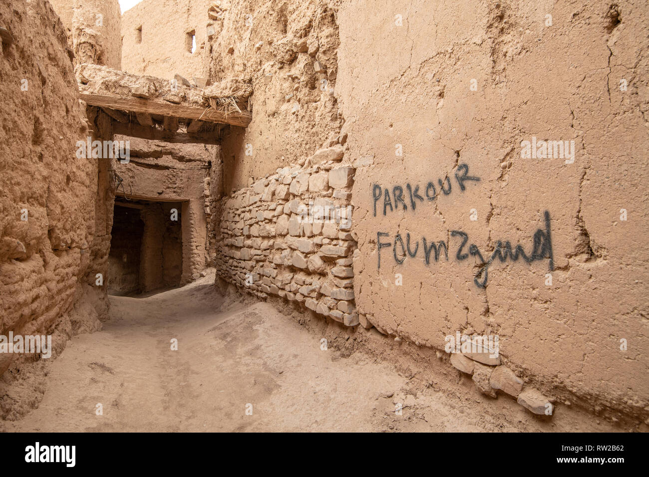 Abandoned Ruins of Foum Zguid, Morocco with Parkour graffitti Stock Photo