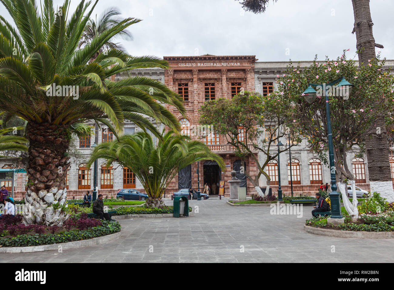 Ambato, Ecuador, April 2018: Colegio Nacional Bolivar, one of the most important in the city of Ambato, with its main facade of brown rock. Stock Photo