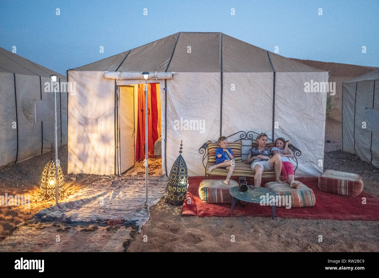 Family Among a Campsite at Dusk, Merzouga, Morocco Sahara Desert - Erg ...