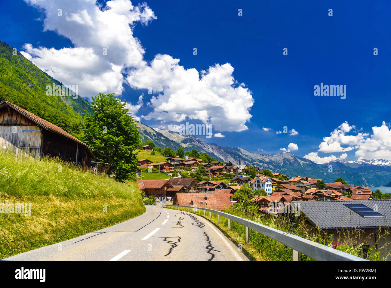 Road in the village, Lake Brienz, Oberried am Brienzersee, Interlaken-Oberhasli, Bern, Switzerland Stock Photo