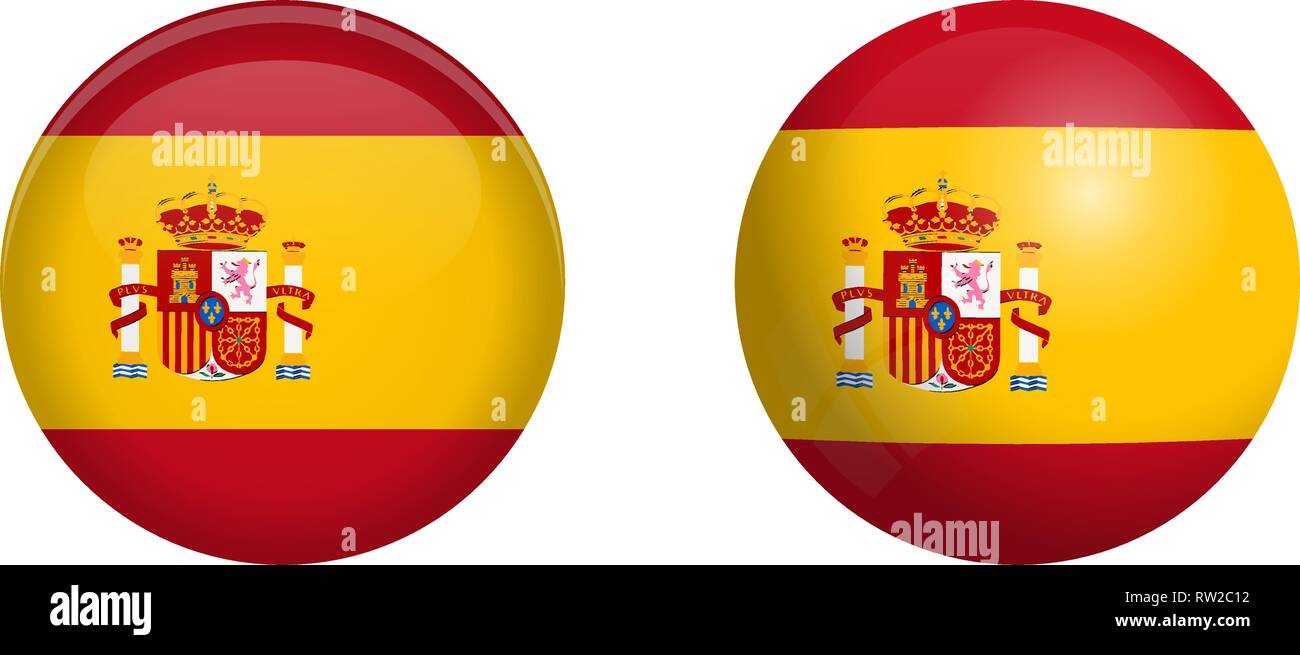 Spain flag under 3d dome button and on glossy sphere / ball. Stock Vector