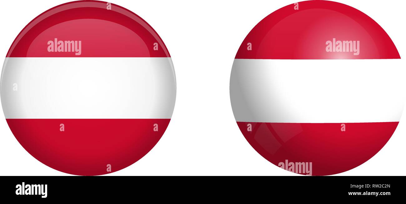 Austrian flag under 3d dome button and on glossy sphere / ball. Stock Vector