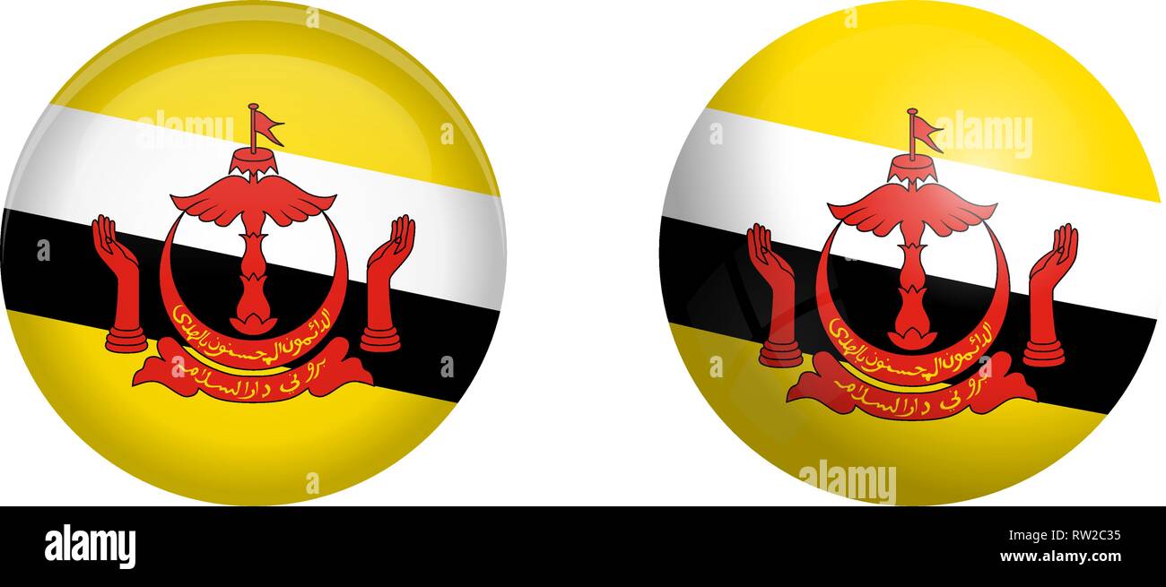 'Nation of Brunei, the Abode of Peace' flag under 3d dome button and on glossy sphere / ball. Stock Vector