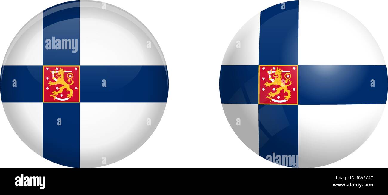 Finland state ensign flag (with lion) under 3d dome button and on glossy sphere / ball. Stock Vector