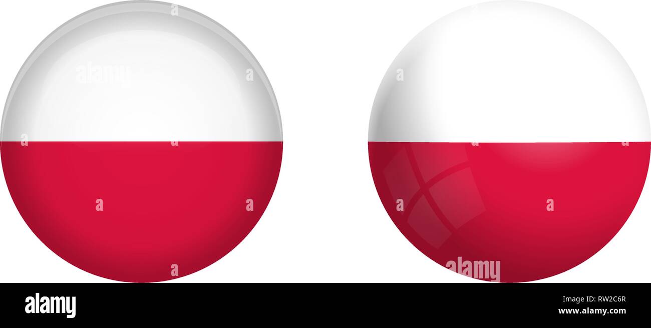 Poland flag under 3d dome button and on glossy sphere / ball. Stock Vector