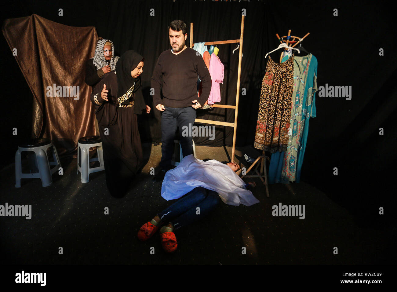 Palestinian actors perform theater work, or 'scotch', which simulates the Palestinian reality to entertain the psychological state that people live be Stock Photo