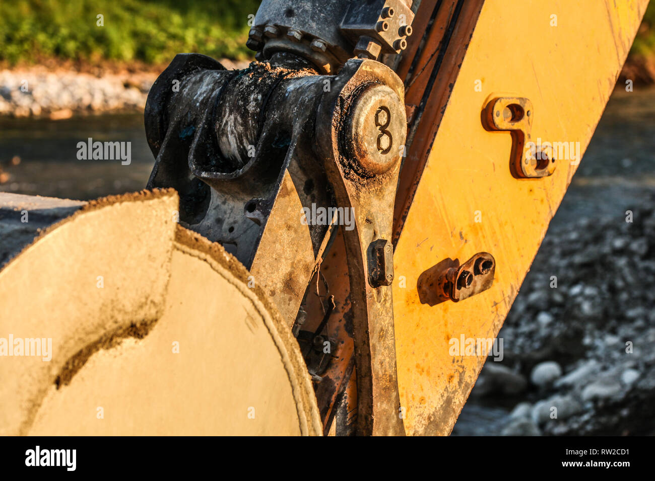 Detail of excavator (digger machine) bucket joint mechanism. Abstract