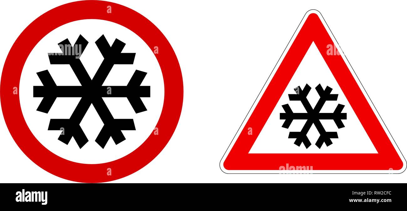 Careful snow / cold / winter sign. Black snowflake in red circle and triangle. Stock Vector
